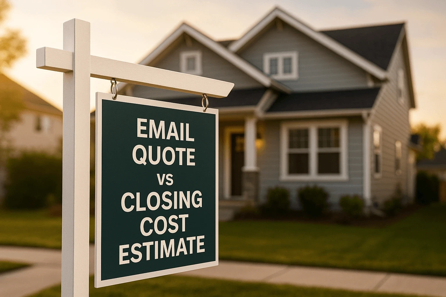 Real estate sign in front of a house displaying the words “Email Quote vs Closing Cost Estimate”.