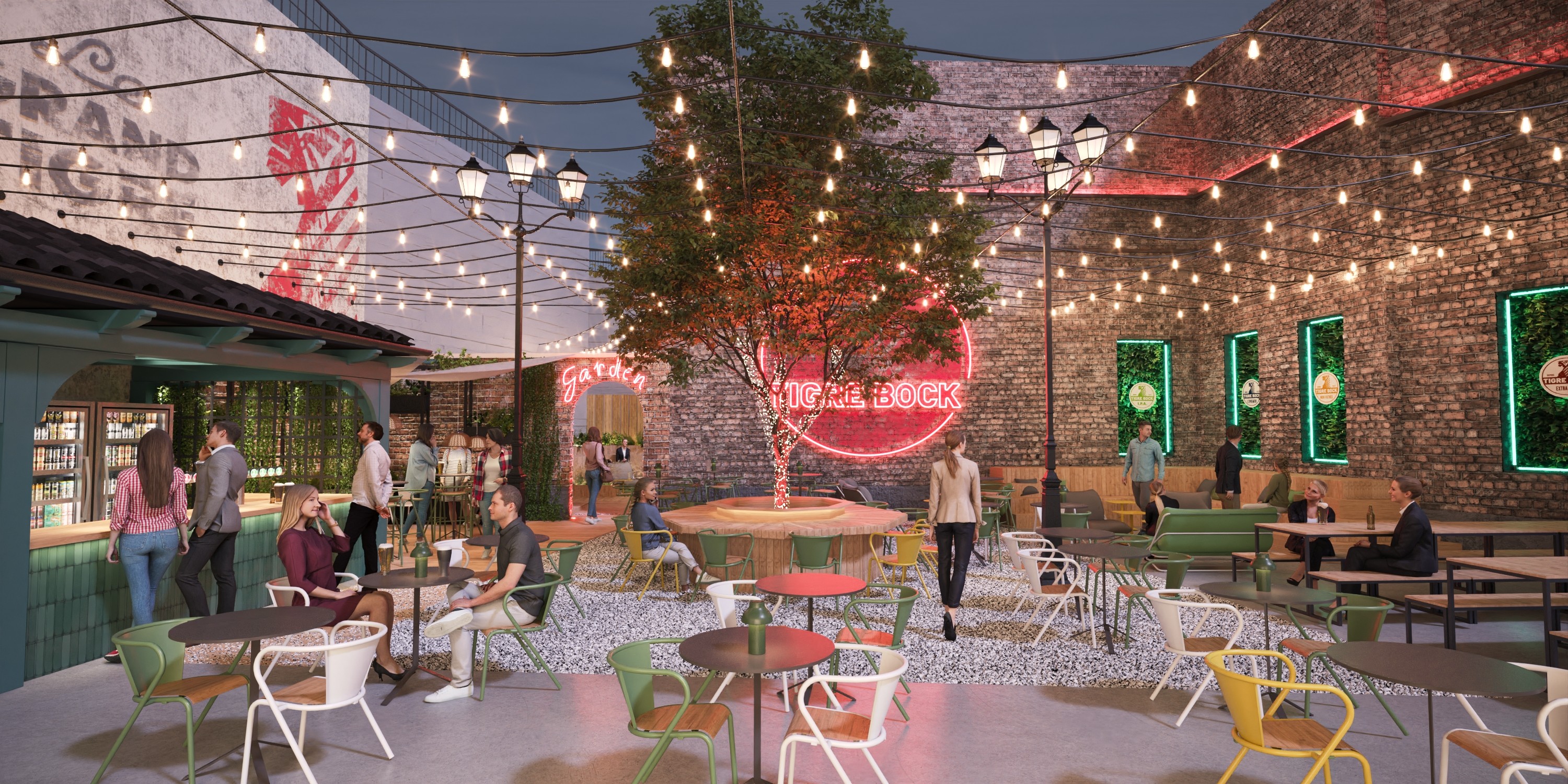 Terrasse furniture outdoor proposal of Tiger Bock design concept bar in Strasbourg with creative materials and direction inspired by beer brewing 