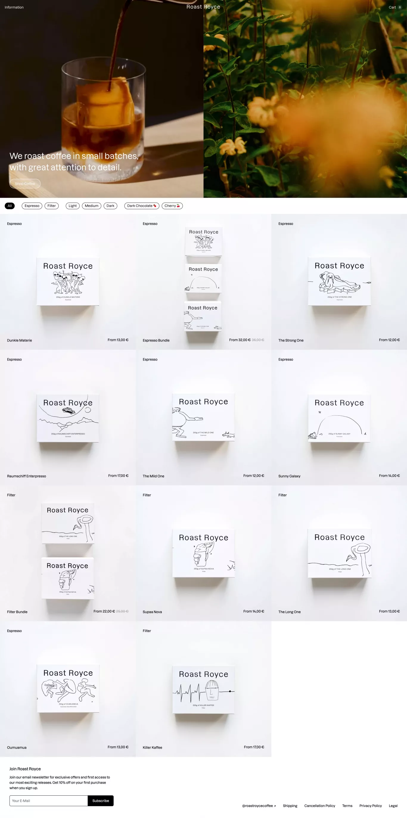 Roast Royce: Coffee Roastery ecommerce page screenshot showcasing Food & Drinks and Ecommerce design