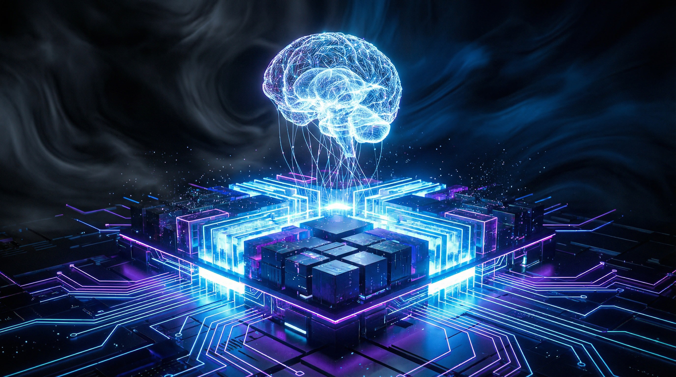 imagem em estilo dark futurista representando a fundação invisível dos dados que sustenta a Inteligência Artificial