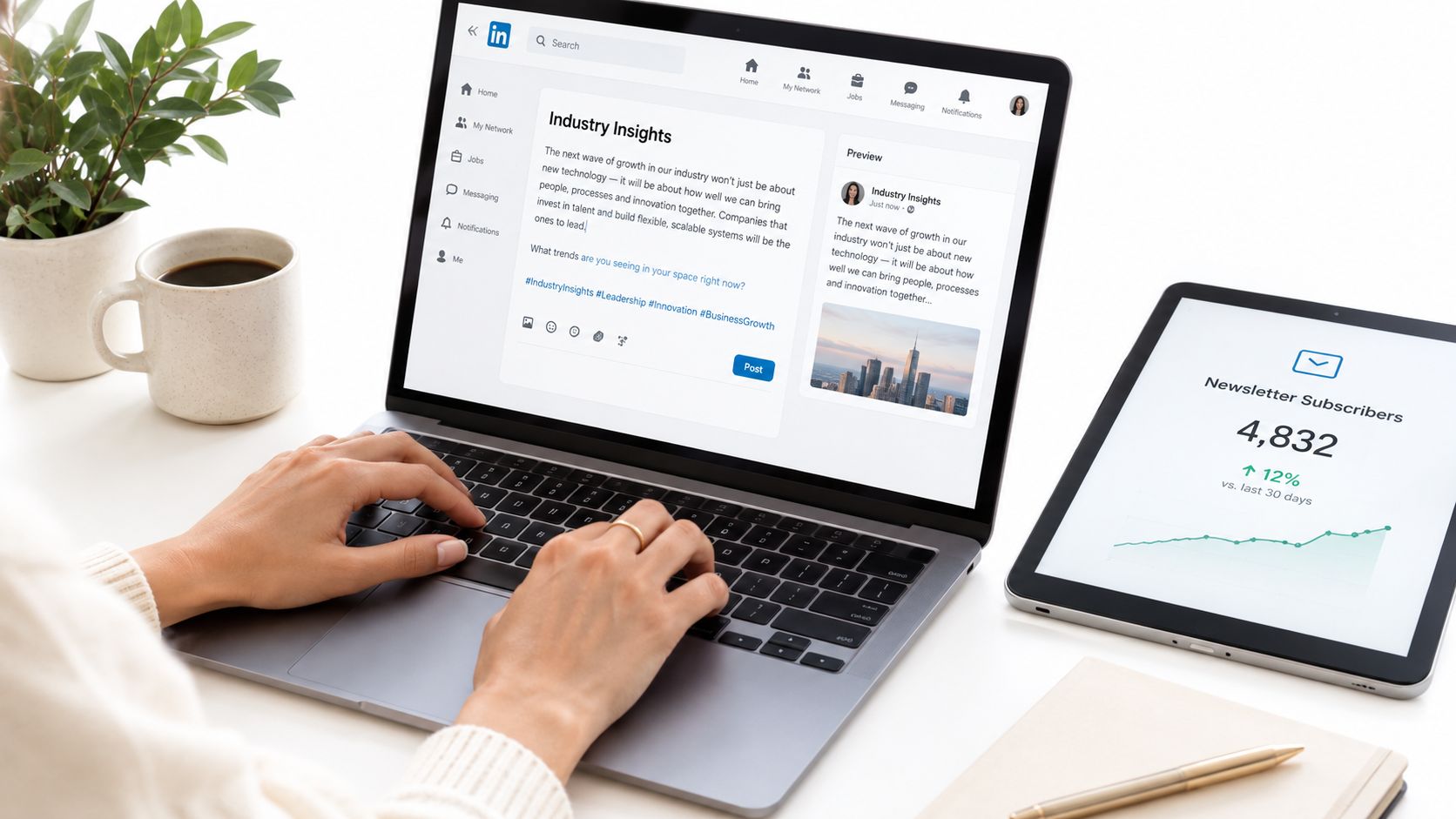 A professional working on a laptop showcasing a LinkedIn post with marketing analytics on a tablet screen.