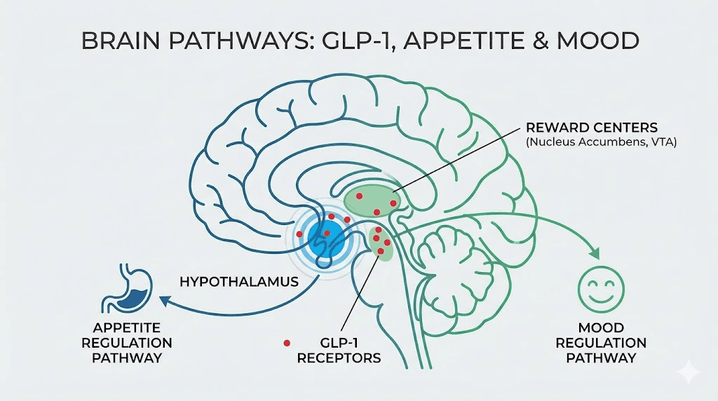 Brain regions affected by semaglutide showing appetite control and mood regulation centers