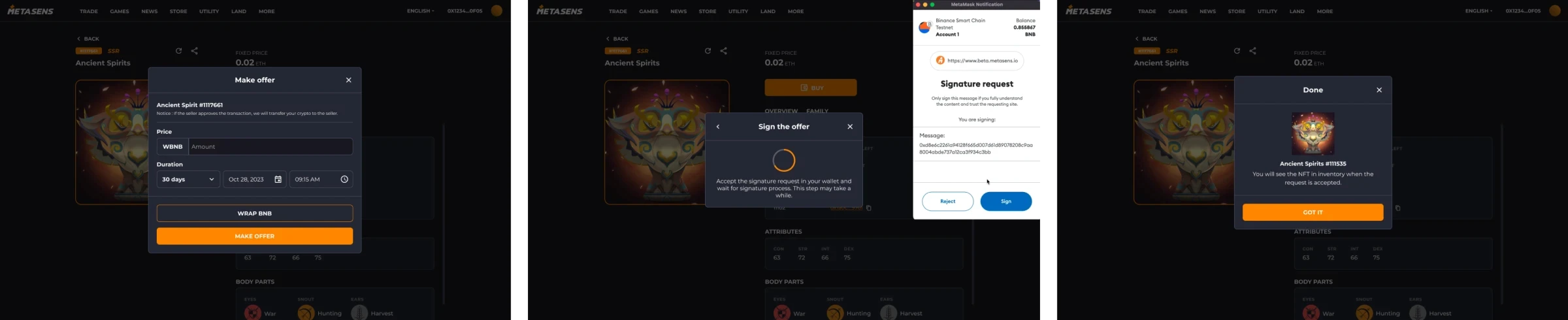 Metasens NFT offer flow showing make offer form, MetaMask signature request, and done confirmation for Ancient Spirits SSR
