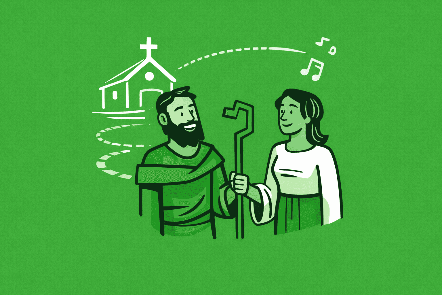 Illustration of two people in conversation with a church in the background, representing community and connection in faith.