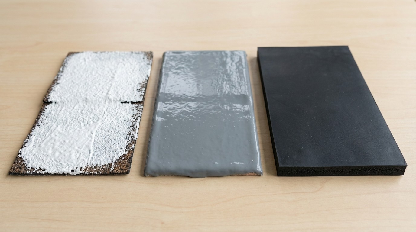 Close-up view of three common roof waterproofing material samples side-by-side: a white acrylic coating swatch, a grey silicone coating swatch, and a black EPDM rubber membrane sample.