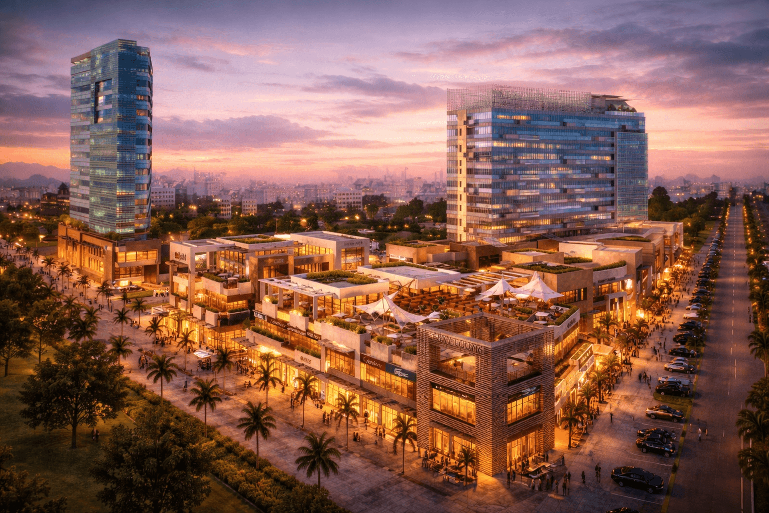 Upscale open-air retail promenade with premium storefronts and pedestrian boulevards in Sector 67