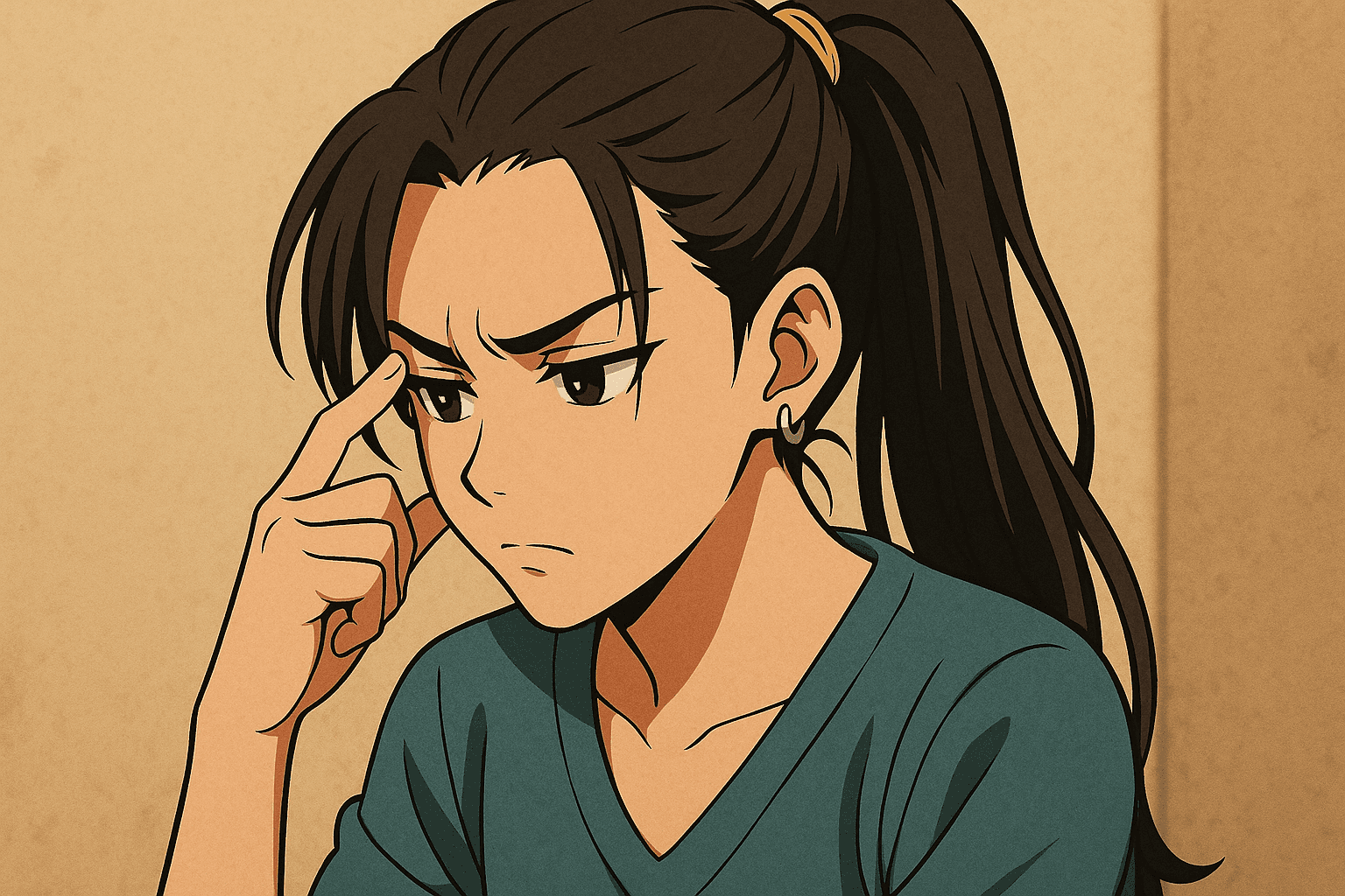 Woman in a anime manga japanese style thinking.