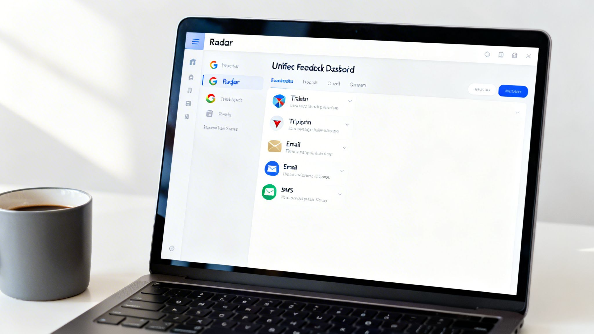 A laptop on a desk showing a digital feedback dashboard application with various customer communication channels.
