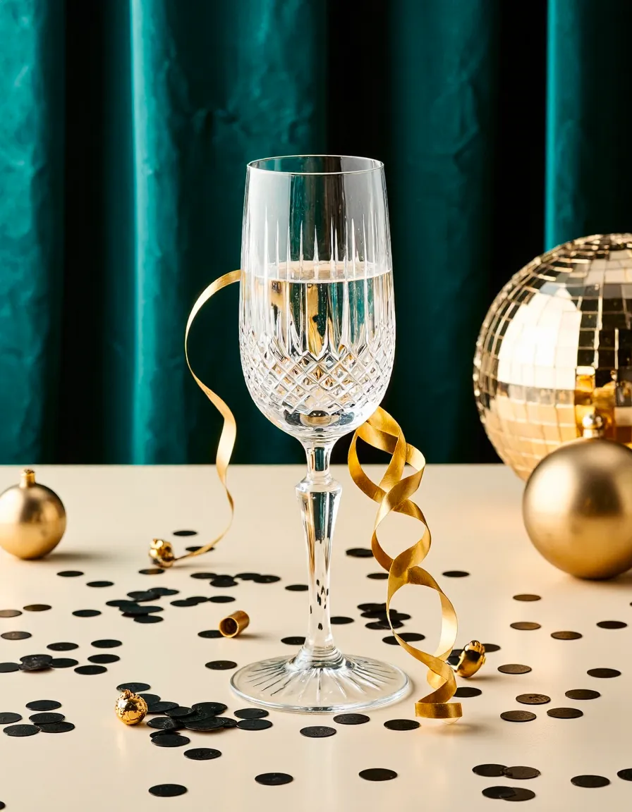 Crystal champagne flute with gold ribbon on beige surface against emerald green velvet backdrop with festive decorations