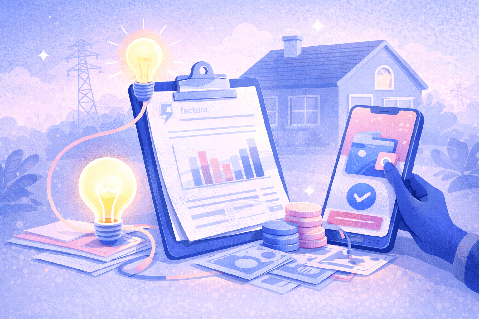 Ilustración editorial sobre las cuentas de la luz: estabilidad tarifaria en el presente y posible alza futura, representada con una escena visual de energía, hogar y proyección económica.