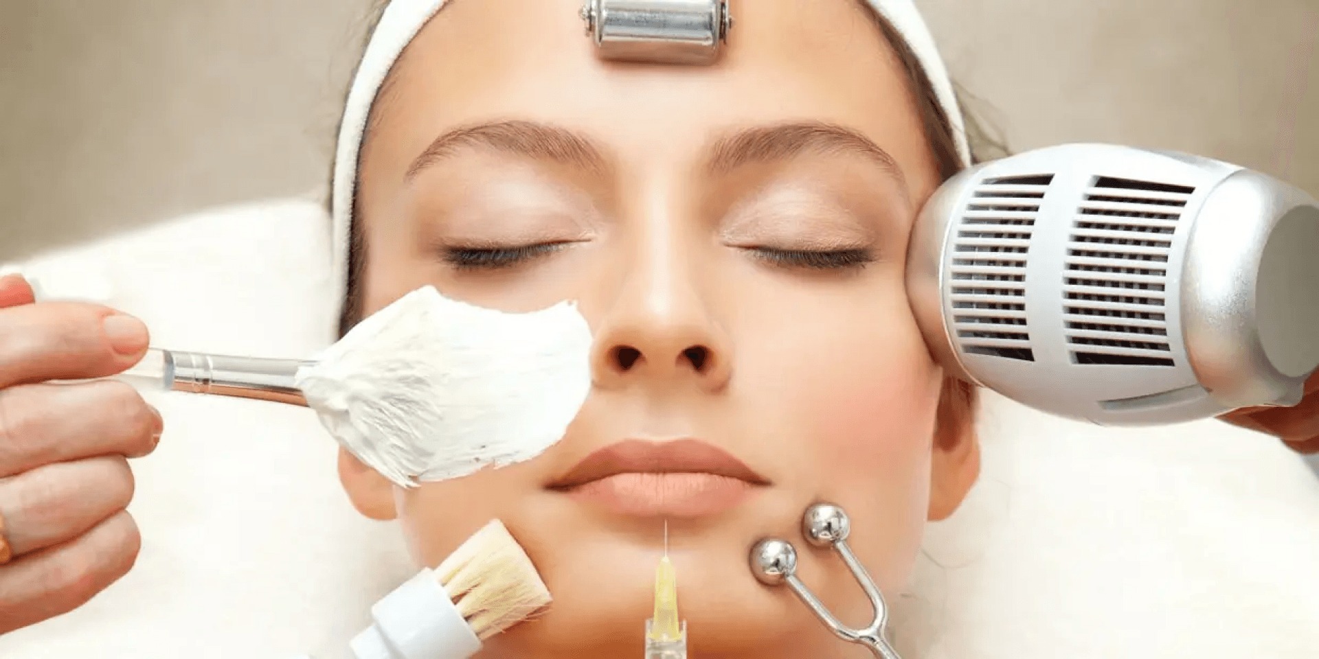 Close-up of a woman receiving multiple facial treatments for glowing skin, highlighting special occasion skincare.