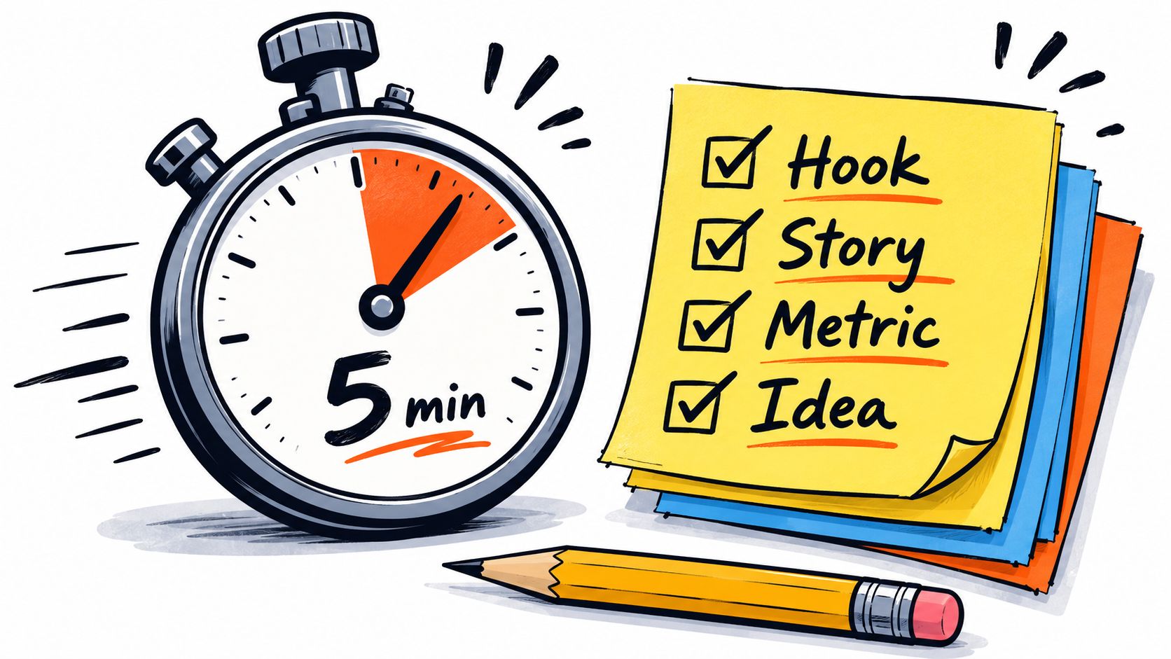 A stopwatch set to five minutes next to a yellow sticky note with a brainstorming checklist.