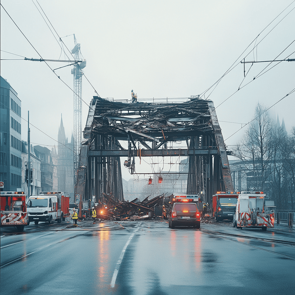 A railway bridge in Frankfurt damaged by a crane truck collision, surrounded by emergency vehicles and construction workers.