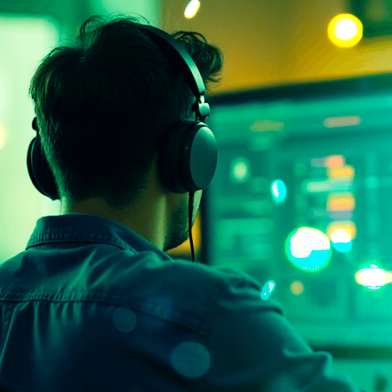 A person wearing headphones working at a computer with a glowing green interface, focusing on system troubleshooting or audio production in a modern studio setting.