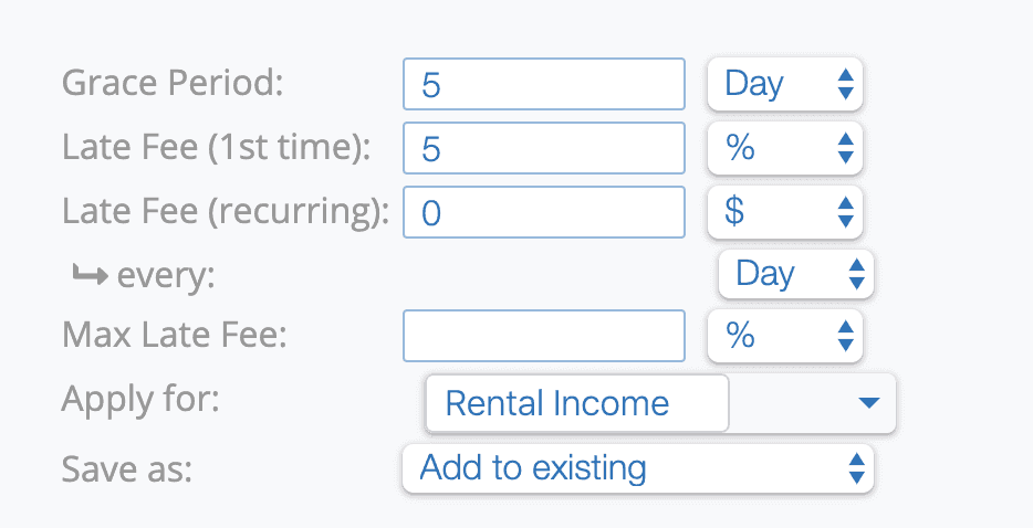 auto-late fees image: screenshot of RentRedi's auto-late fees calculator