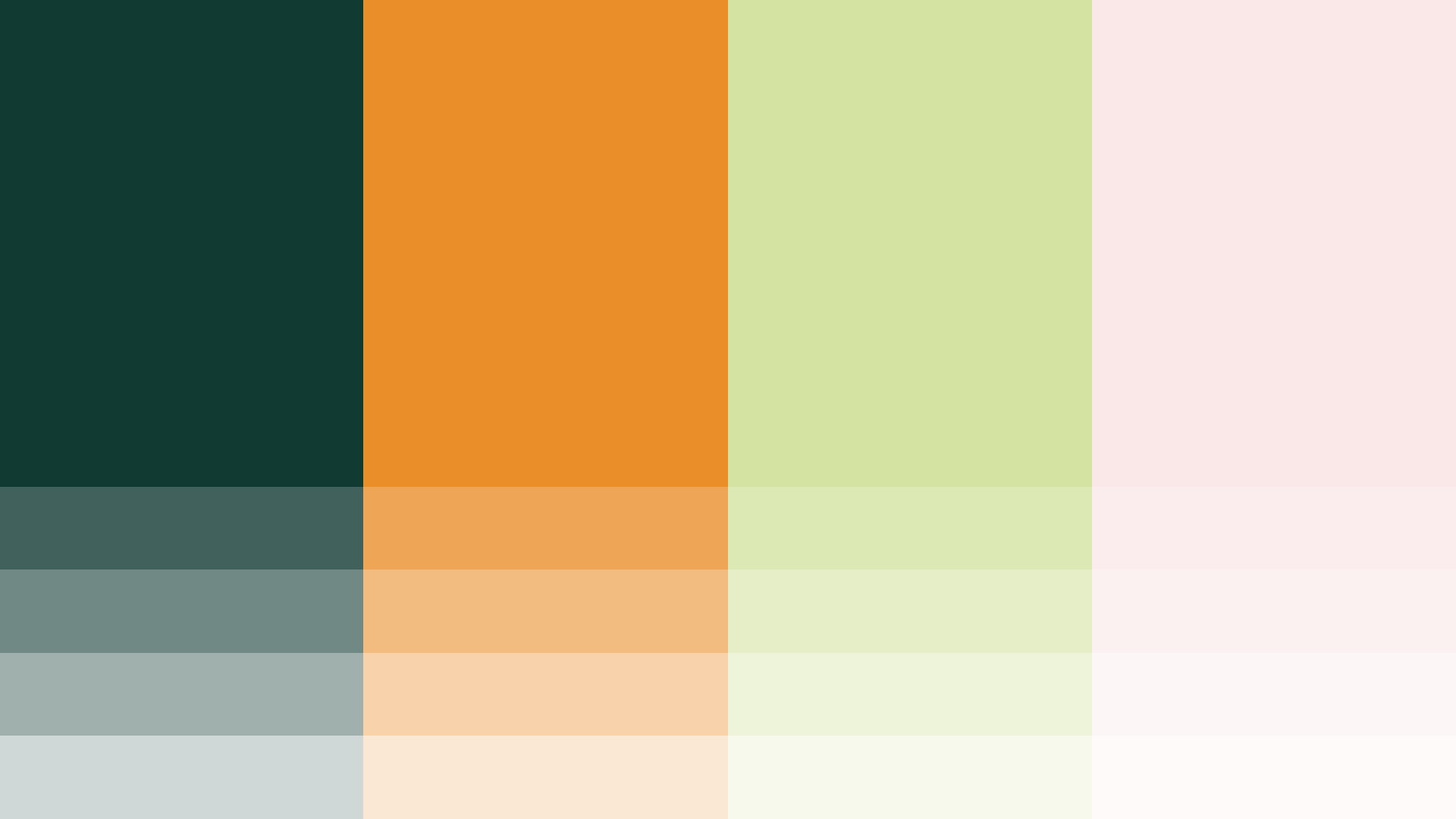 A color palette featuring vertical rectangles of dark green, orange, light green, and light pink, with each color blending into lighter shades horizontally across the bottom half of the image.