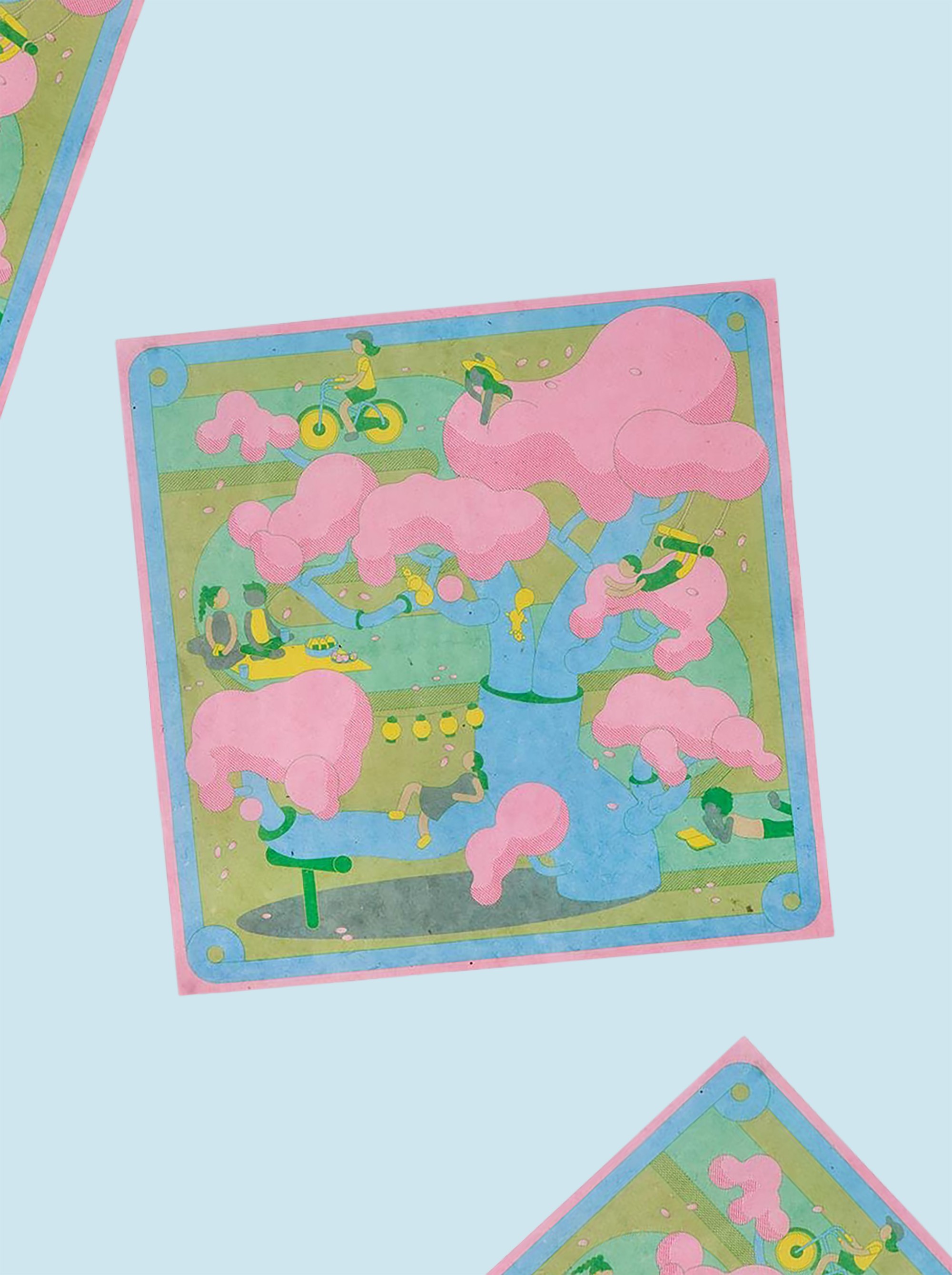 Lineup of four Tales of Uji tea cans with different illustrated labels.