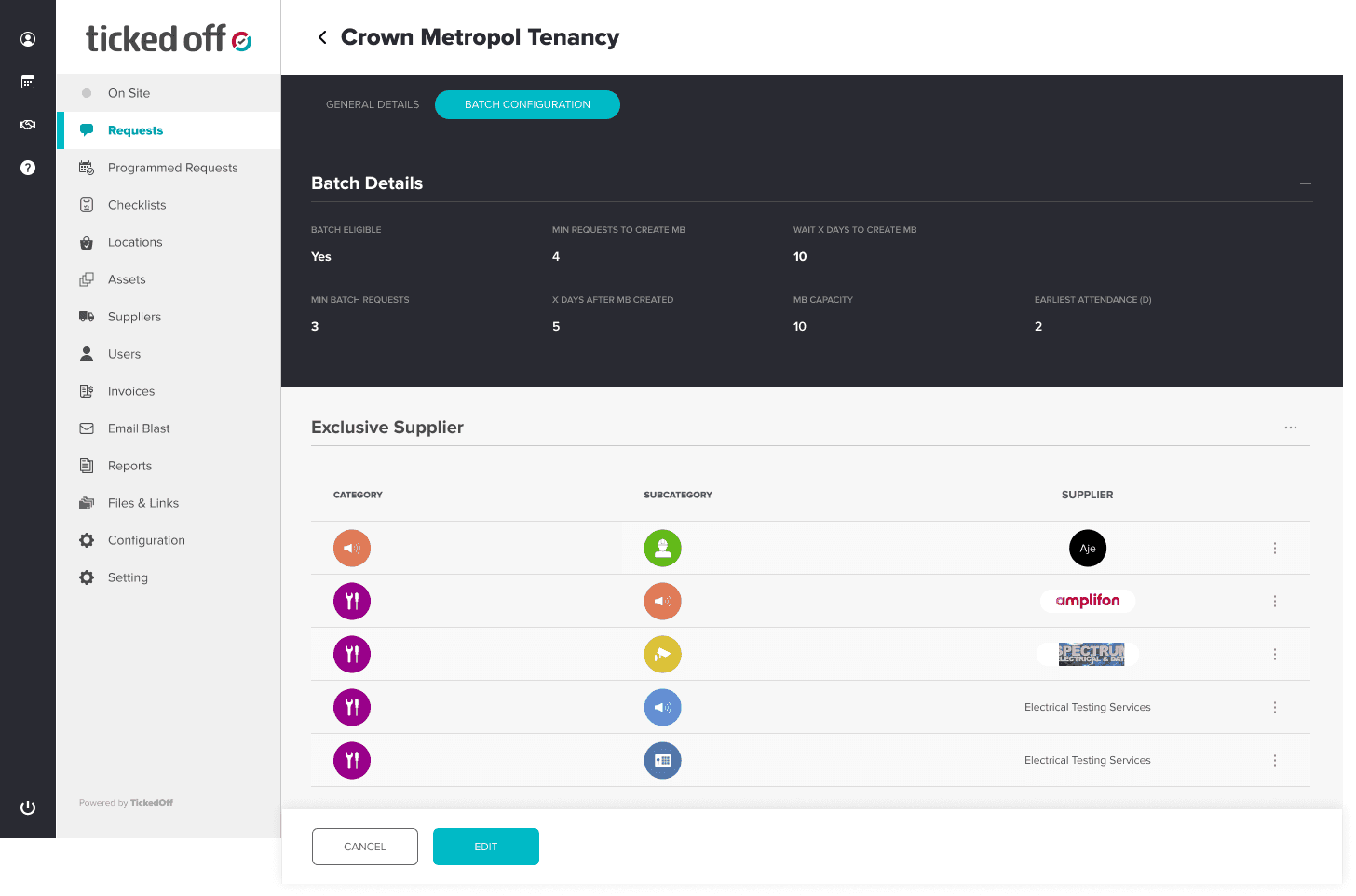 Shopping Centre view with General Details and Batch Configuration tabs; the Batch Configuration tab shows batch details and exclusive suppliers.