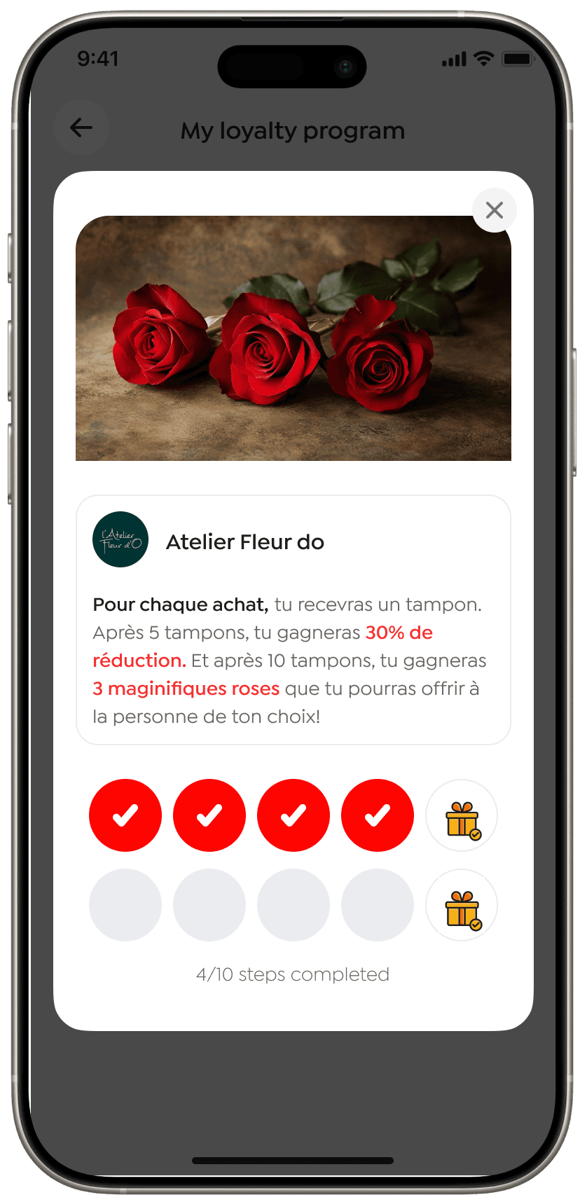 Écran du programme de fidélité PimPay montrant l'Atelier Fleur do récompense avec le progrès des tampons vers une remise de 10 %