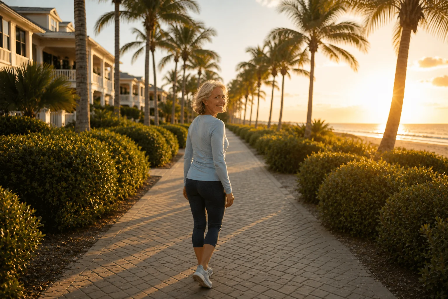 Florida Orthopedic & Spine Institute patient resource, older adult turning while walking outdoors in Naples, Florida
