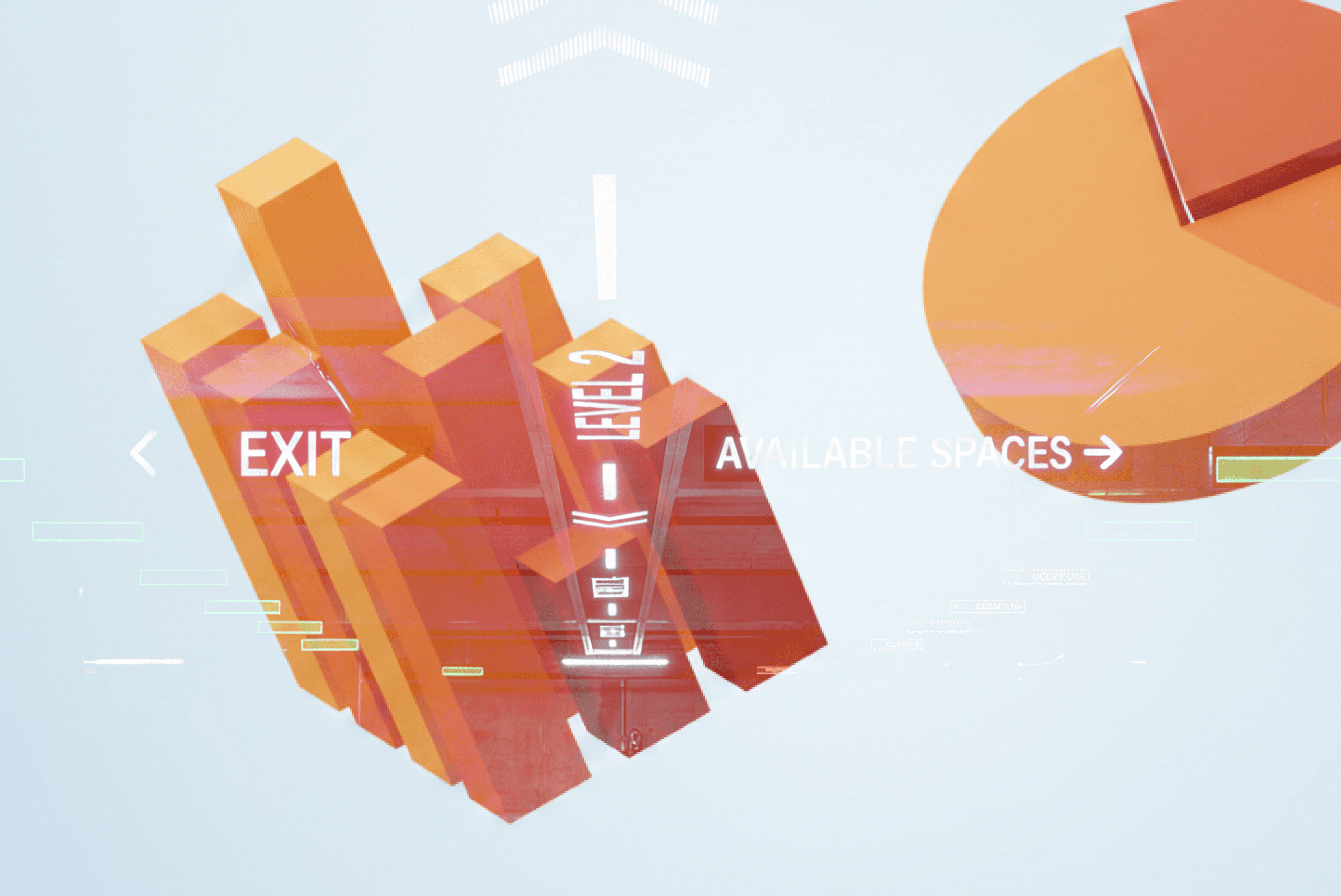 주차장 데이터 분석을 활용한 수익화 전략을 표현한 3D 인포그래픽. 막대 그래프, 원형 차트, 주차 차단기 아이콘이 결합되어 데이터 기반 운영을 시각화 이미지입니다.