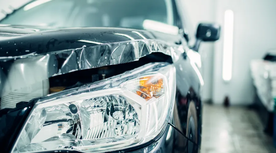 Car headlight and hood with protective film.