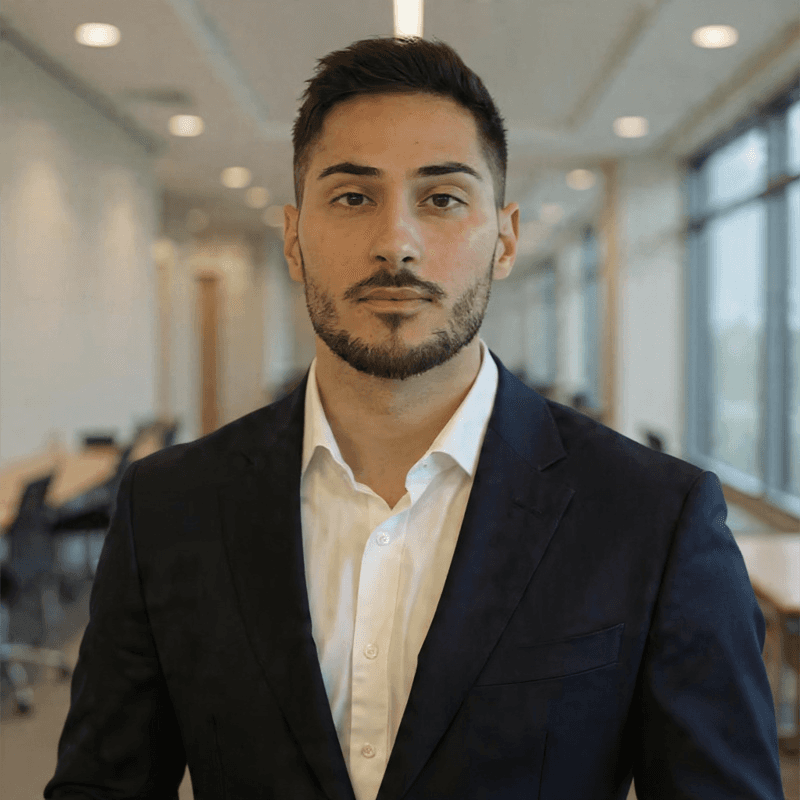 Uomo d'affari sicuro di sé in abito e cravatta. Sfondo di ufficio moderno.