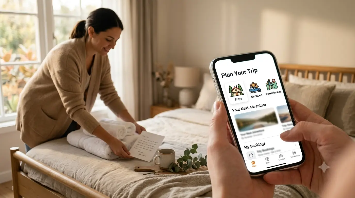 A travel app on a phone beside a host preparing a welcoming room, showing the digital trip versus the physical stay