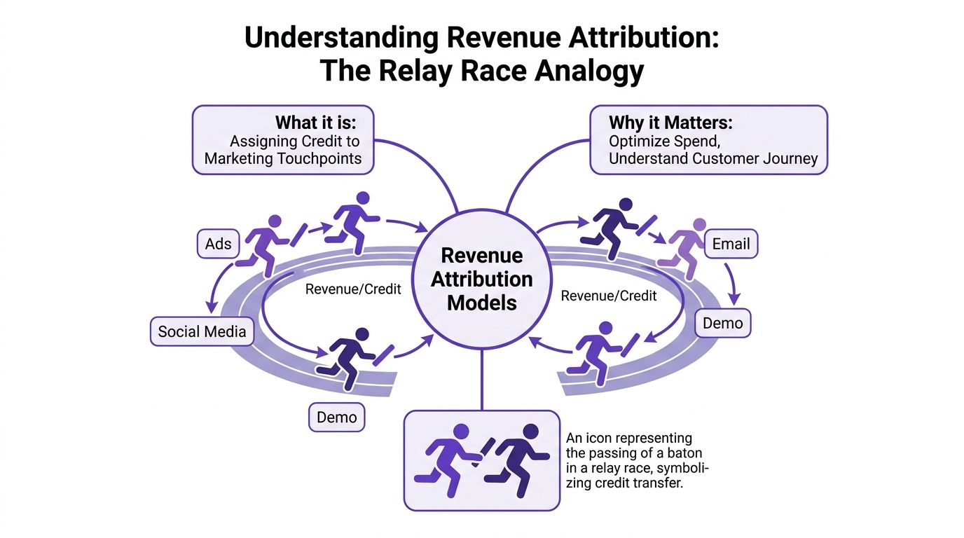 A diagram illustrating revenue attribution models using a relay race analogy to explain marketing touchpoint credit.
