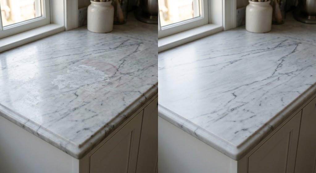 Illustrative before-and-after comparison of a marble countertop with etching and staining before restoration