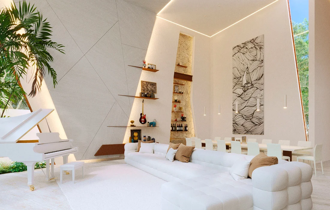Interior de Casa Sept con piano de cola blanco, sofá modular y comedor bajo techos altos