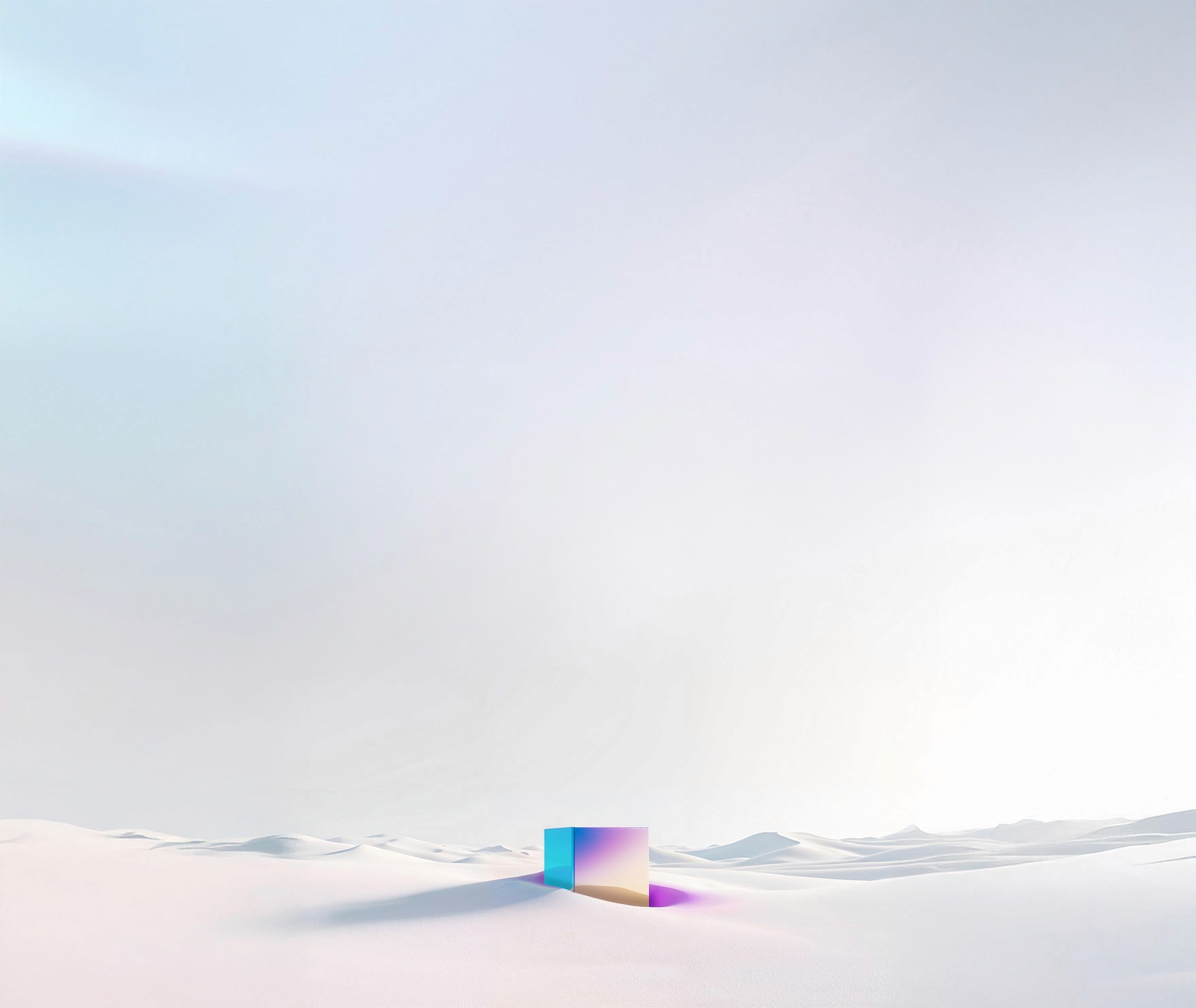 A minimalist digital artwork depicting a vast, snowy landscape under a pale blue sky. In the center, a reflective, iridescent cube stands out against the smooth, white snow, casting a subtle shadow. The horizon is marked by gentle, undulating snowdrifts, creating a serene and almost surreal scene.