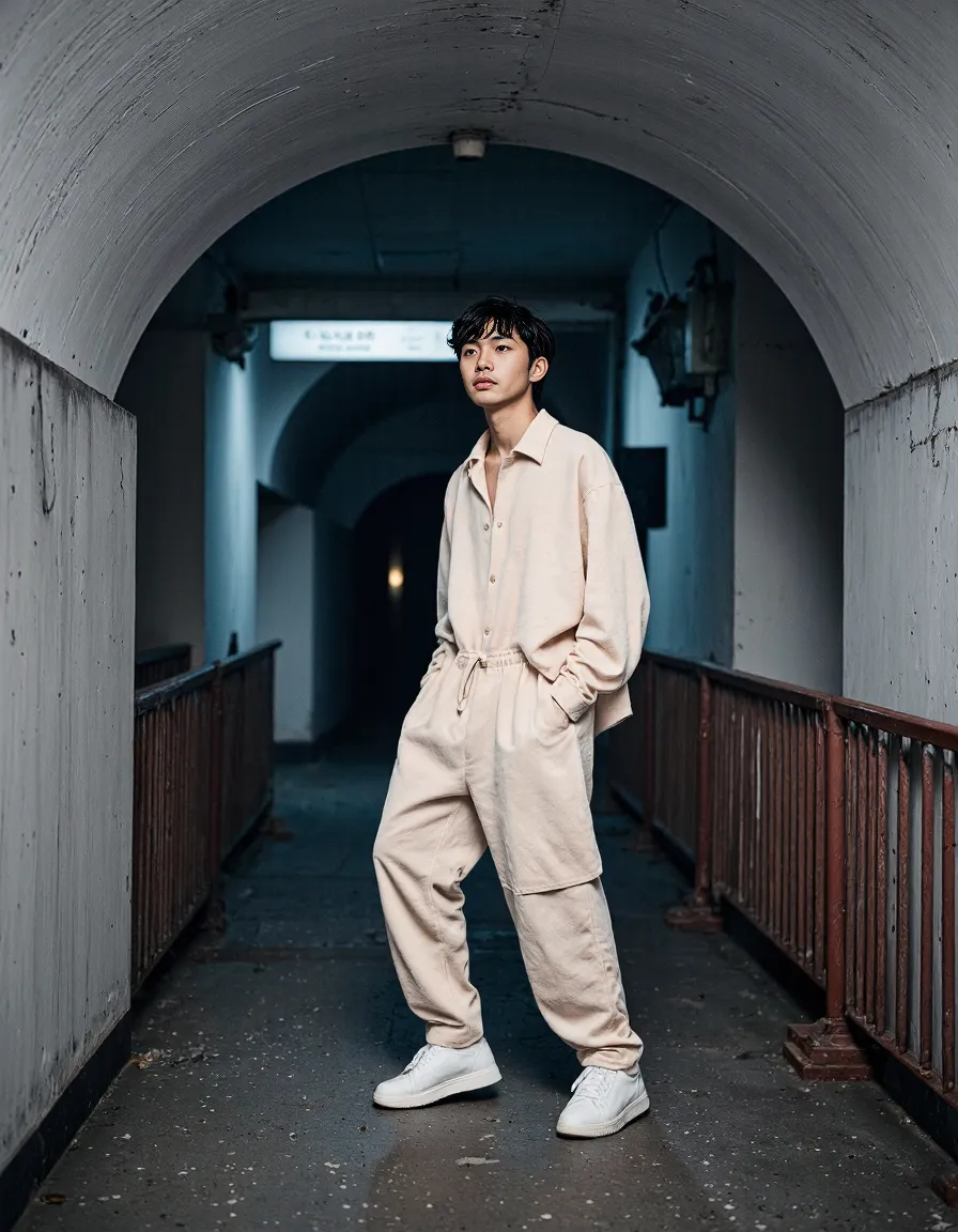 Fashion portrait in urban tunnel featuring beige monochromatic outfit with oversized shirt and pants against concrete architecture