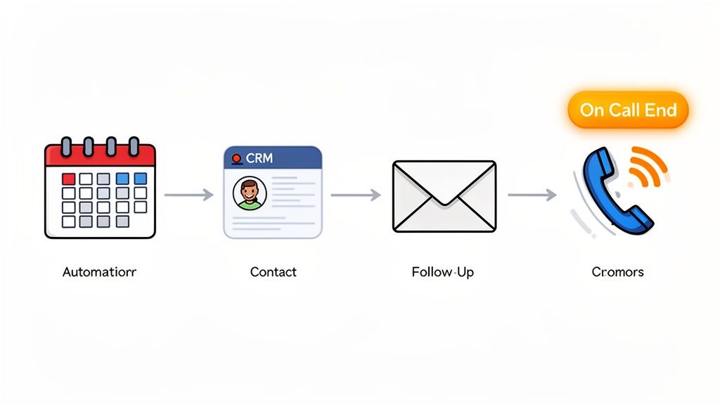 Workflow diagram illustrating automated follow-up process: calendar, CRM contact, email, and phone call end.