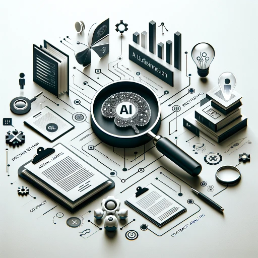 A minimalist and conceptual image representing the transformative impact of AI in business law, showcasing abstract symbols for key aspects of legal practice enhanced by AI. A magnifying glass symbolizes the revolution in legal research, documents marked with AI icons for document review, interconnected pages for contract analysis, and a crystal ball for predictive analytics. The image employs a monochromatic color scheme with selective pops of color to emphasize the innovation and strategic advantages AI offers to the legal profession, capturing the future-oriented approach of incorporating AI into business law.