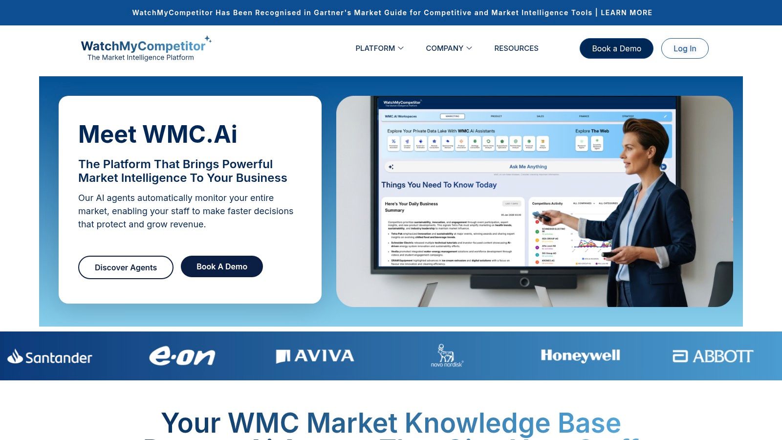 WatchMyCompetitor (WMC) dashboard showing AI-driven insights on competitor activities