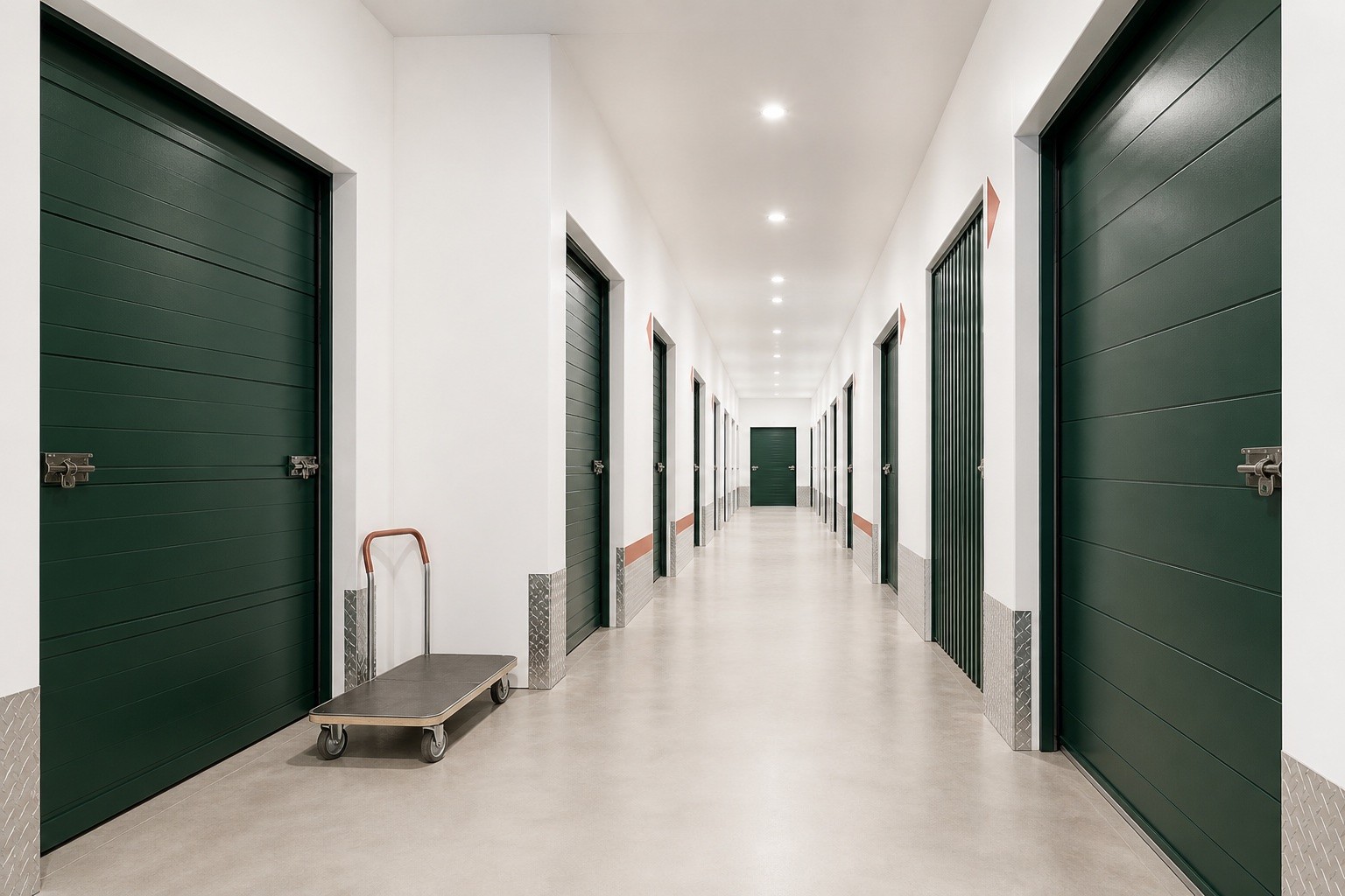 Clean, well-lit corridor of secure ROOMHOLD storage units