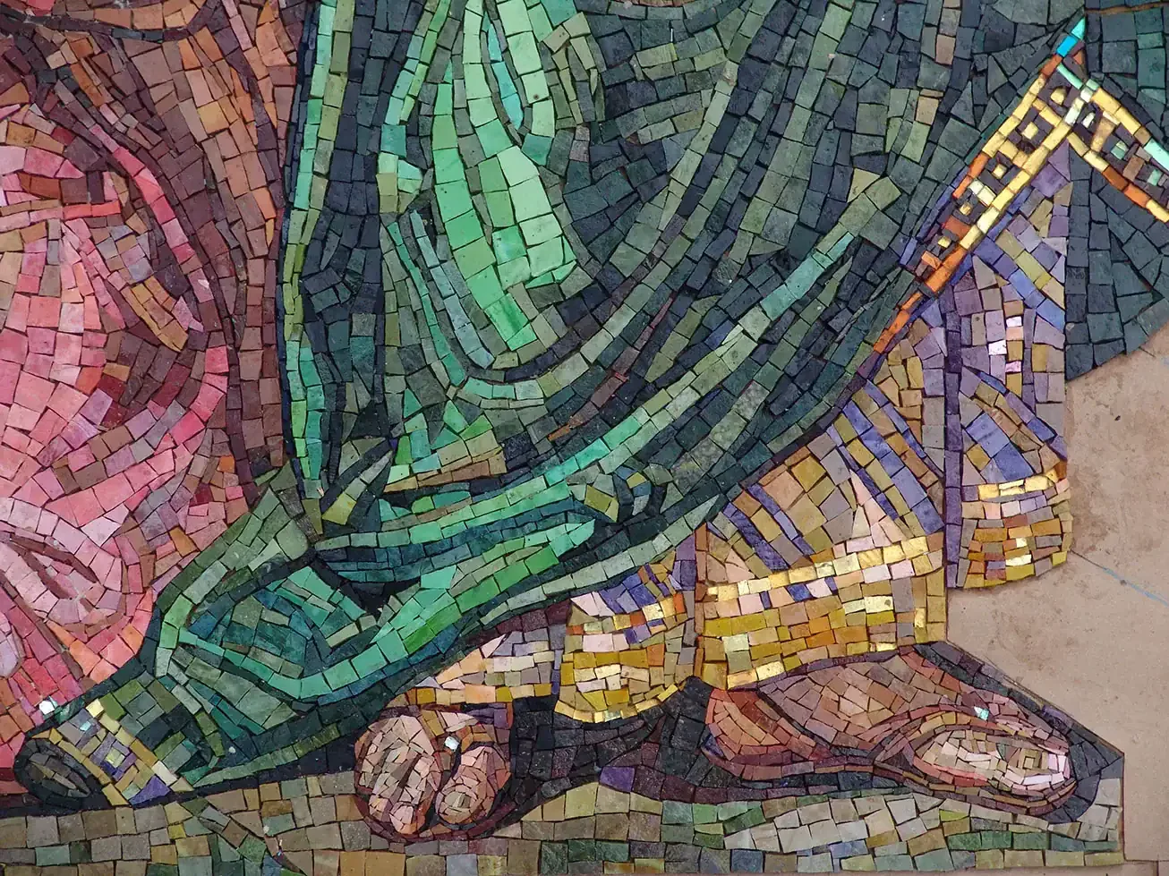 Mosaic of Mary Magdalene with John 8:7, religious artwork by Mosaiclegs Art Studio.