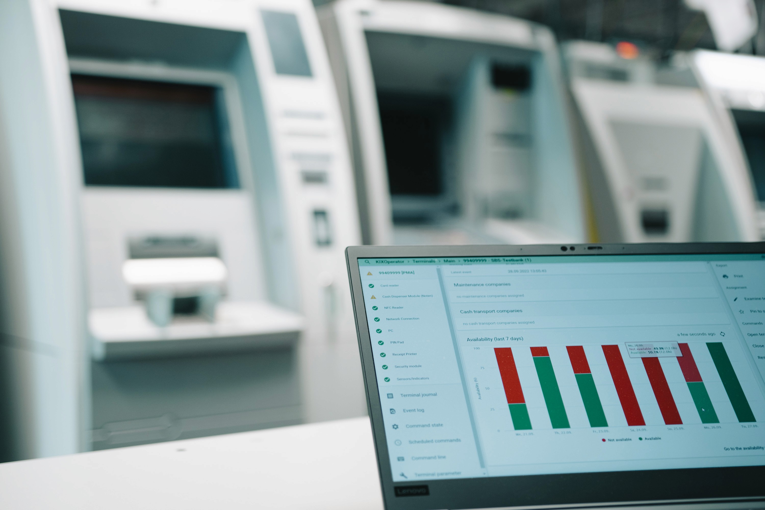 High-tech ATM machine with security features in a modern bank, highlighting multi-vendor integration