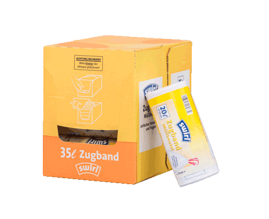 Swirl Zugband Müllbeutel Box mit 35 Zugbandrollen. Gelbe Box mit Aufdruck, 20 Liter Beutel. 