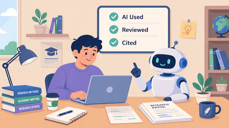 High school student reviewing AI disclosure policy guidelines before submitting a research paper to an academic journal