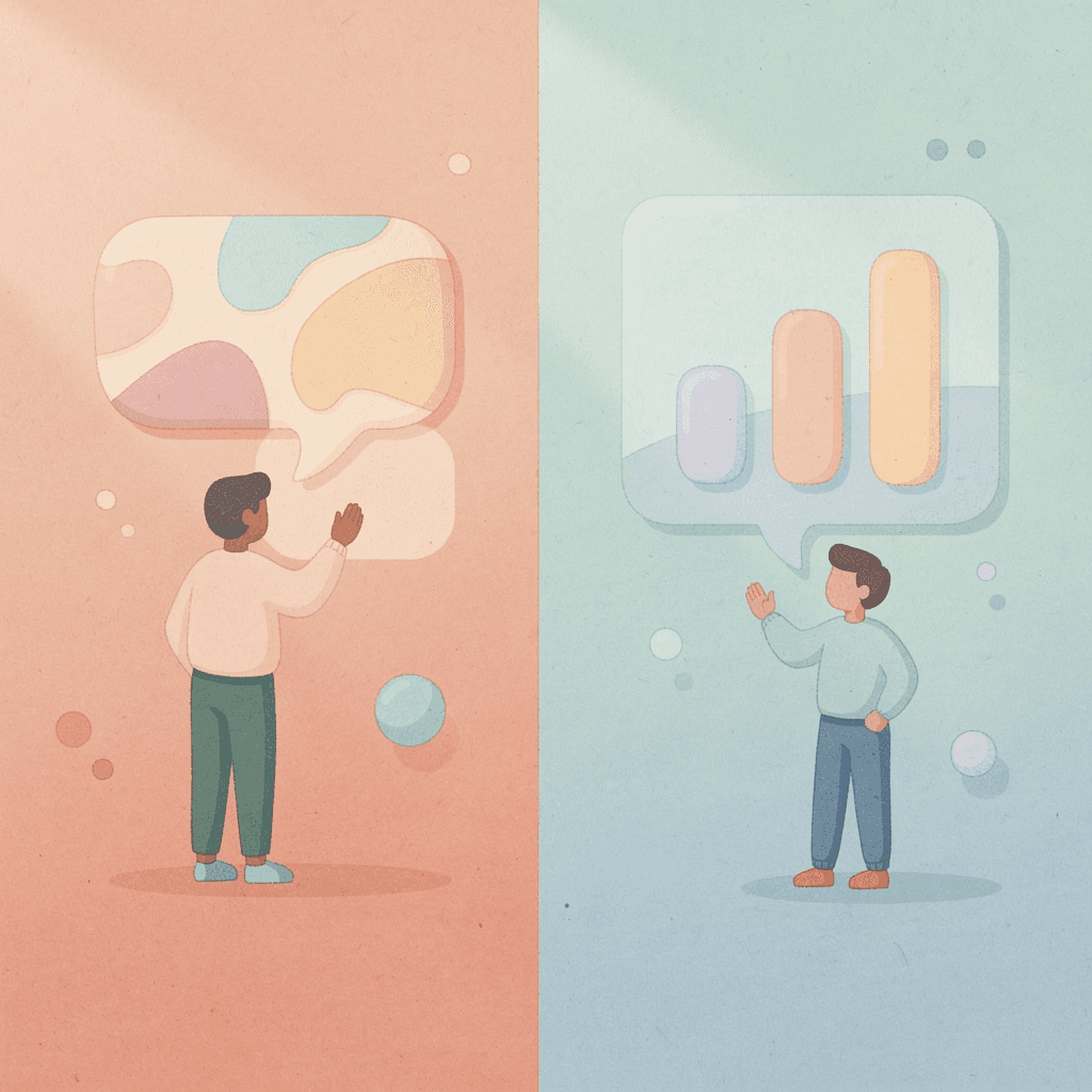 Split scene showing prediction-focused vs market-focused trading approaches