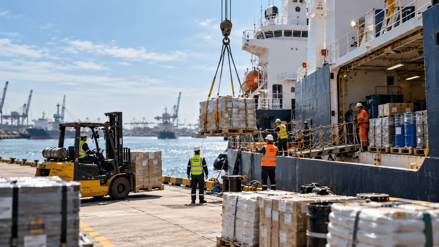 Vessel picking up supplies at port