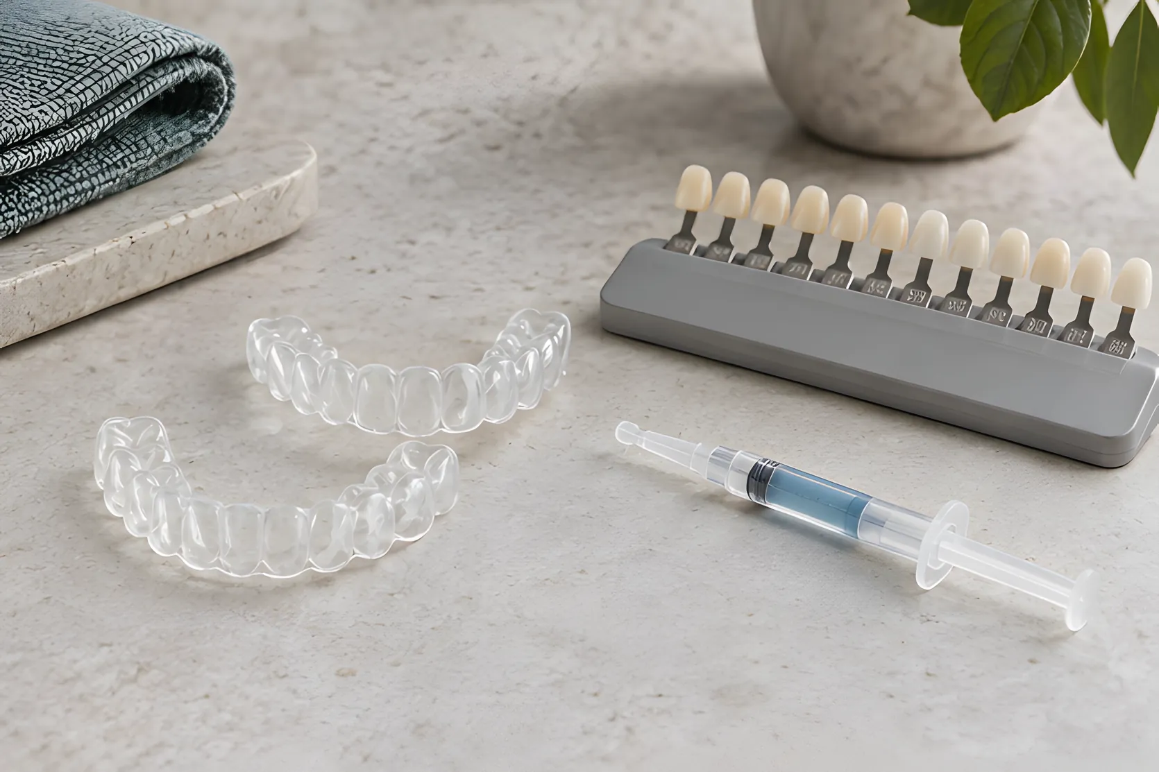 Clear custom whitening trays beside a small syringe of gel