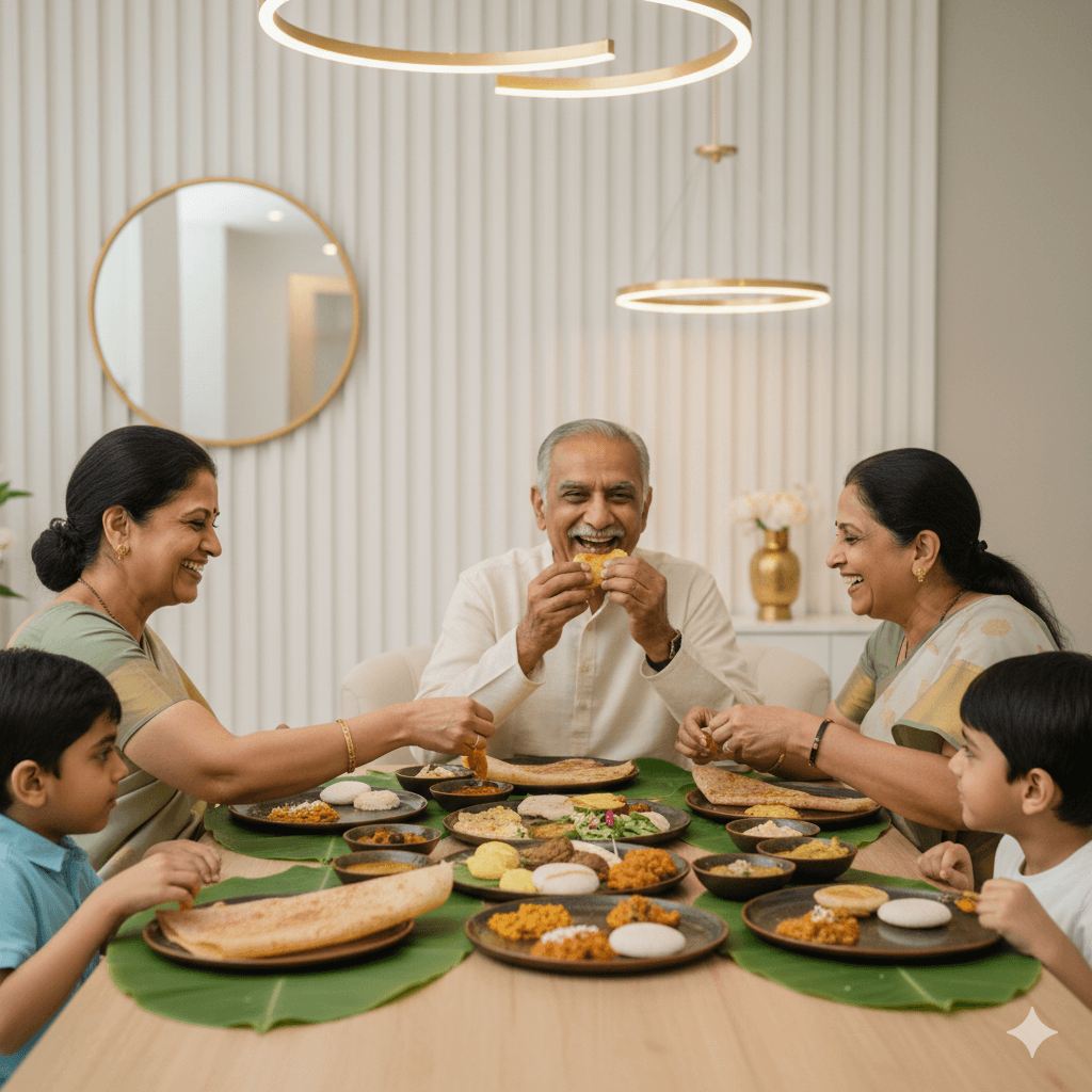 A patient enjoying a meal with family, showcasing the functional success of their new dentures.