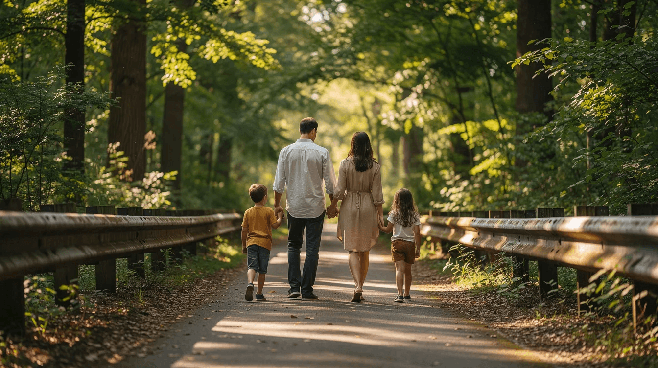 A family strolls along a serene path lined with wooden guardrails, embodying a moment of togetherness and tranquility. This scene reflects the importance of making informed decisions in life, similar to navigating personal finances and setting financial goals.