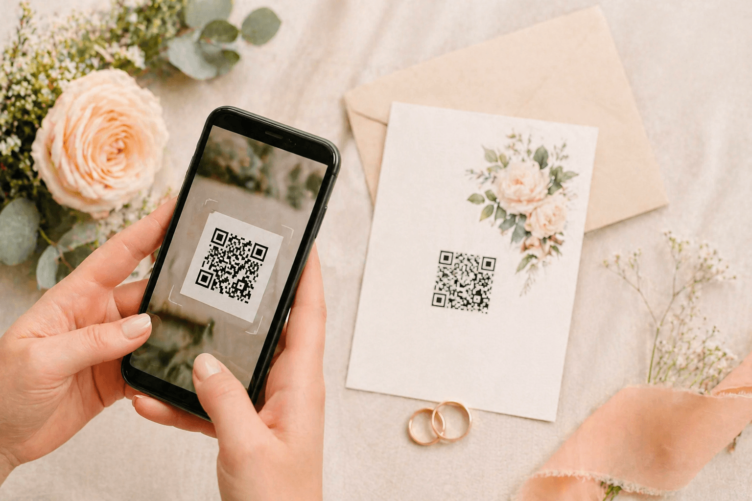 Persona scansiona un QR code con lo smartphone su un invito di matrimonio, utilizzando l’app di togevent per accedere rapidamente ai contenuti dell’evento.