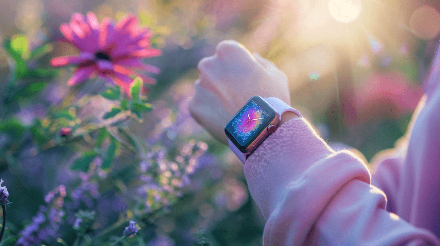 Woman wearing spring themed Apple Watch in a beautiful field with pink flowers
