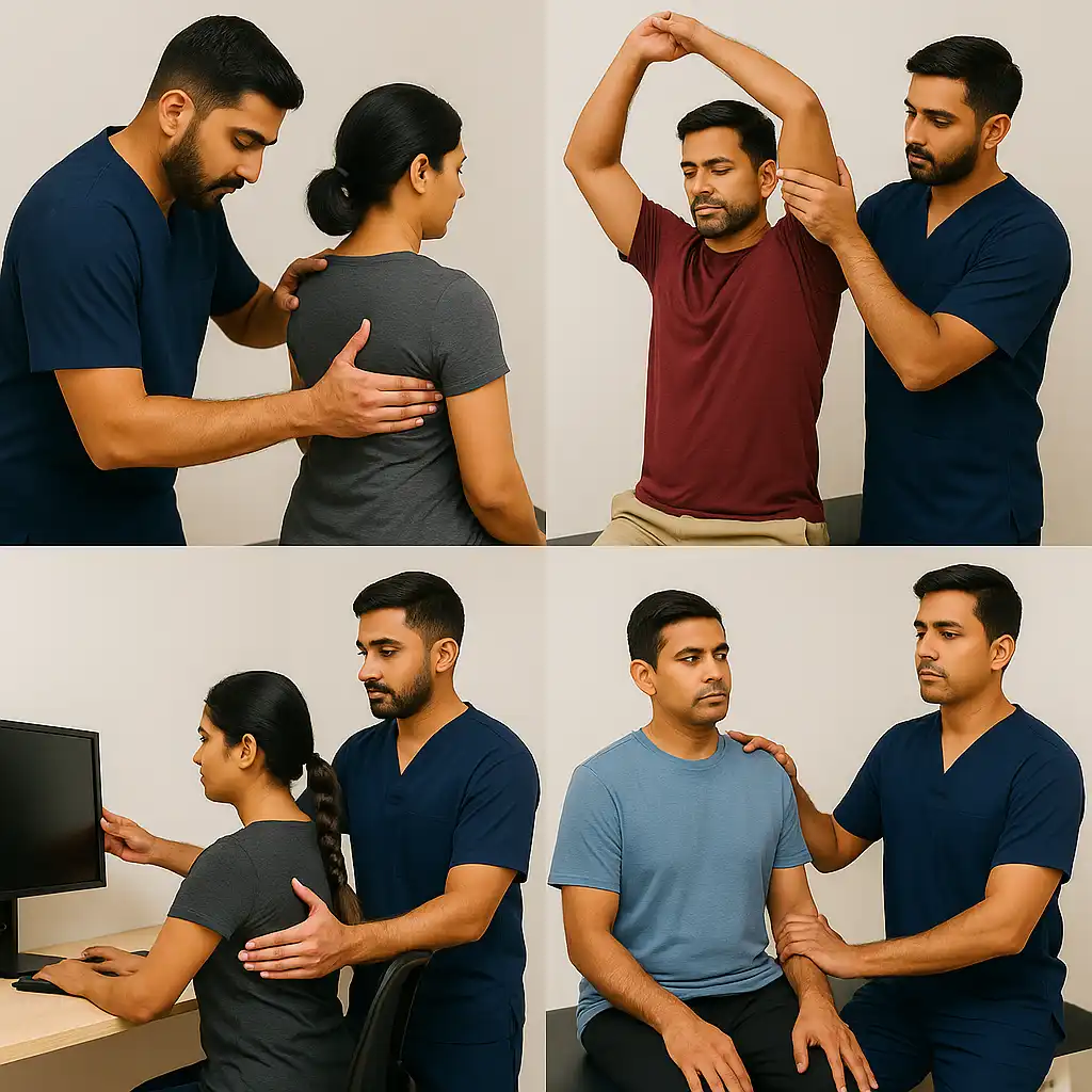 A four-image collage showing a physiotherapist guiding patients through posture correction exercises, including shoulder alignment, arm mobility, ergonomic sitting, and neck positioning.