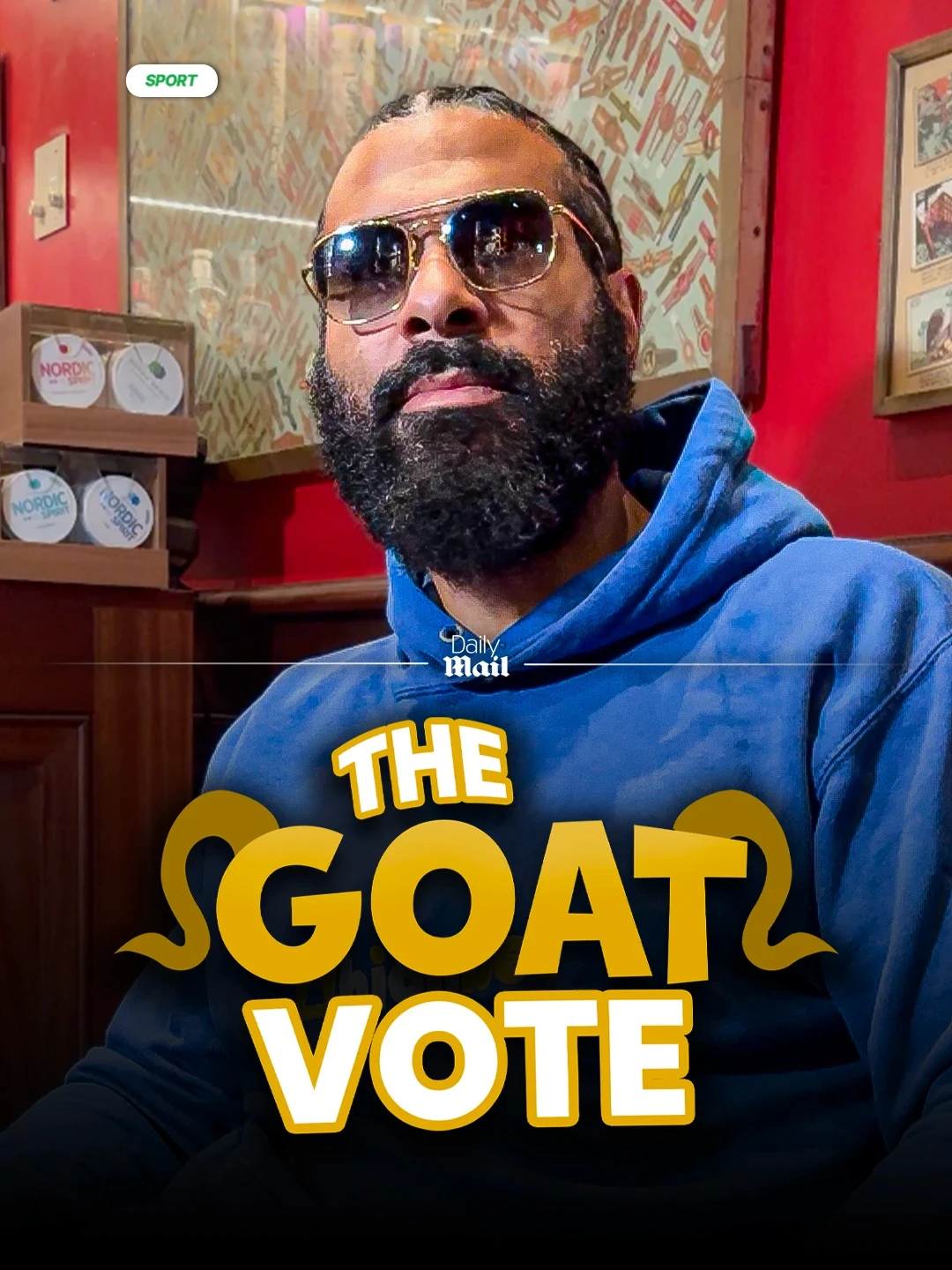 Daily Mail Sport poster titled “The GOAT Vote” featuring a man in sunglasses discussing the greatest athletes of all time.